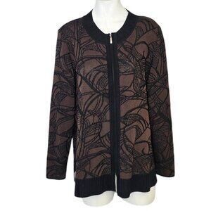 Exclusively Misook Womens Full Zip Long Sleeve Sweater, Pattern, Stretch, Brown